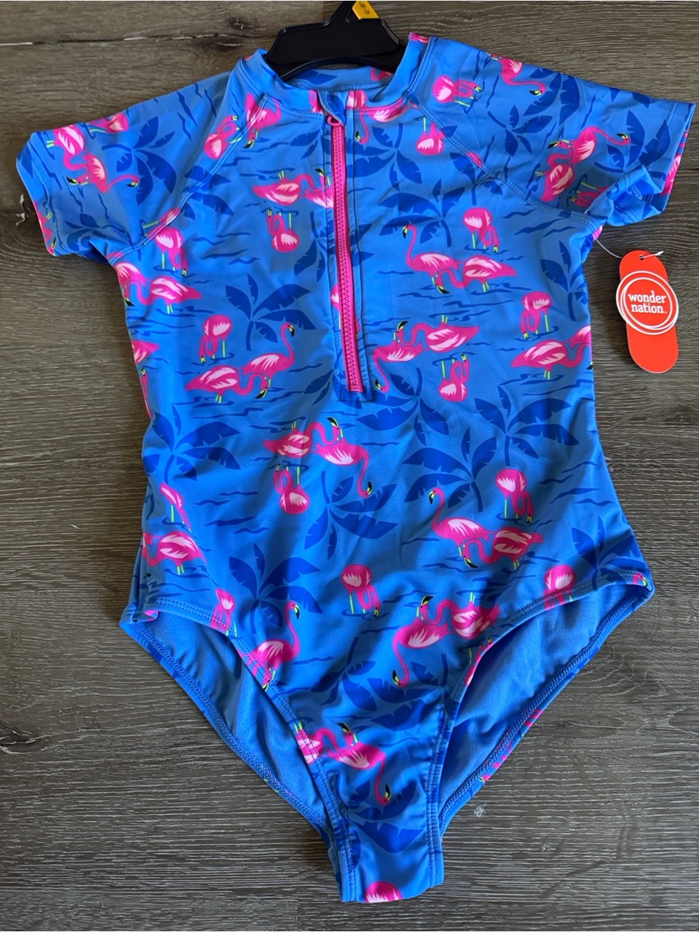 wonder nation Blue One-Piece Swimsuit with Pink Flamingo Print